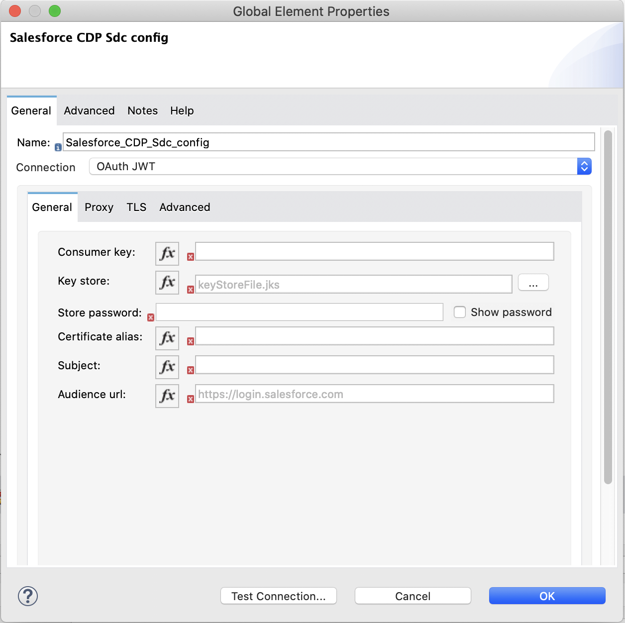 OAuth JWT is selected in the Connection field and the authentication fields are completed on the *General* tab.