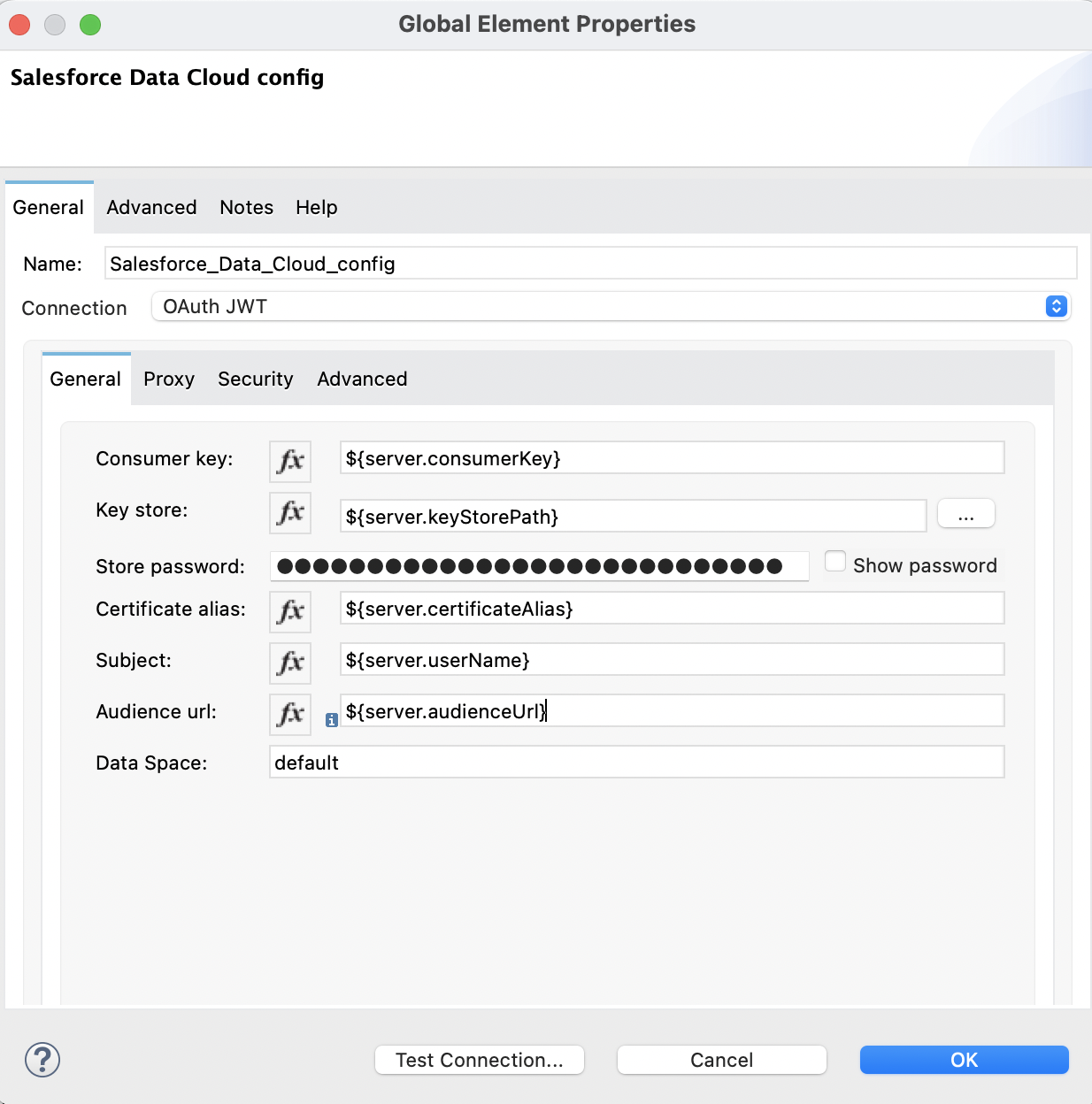 OAuth JWT selected in the Connection field with the authentication fields completed on the General tab