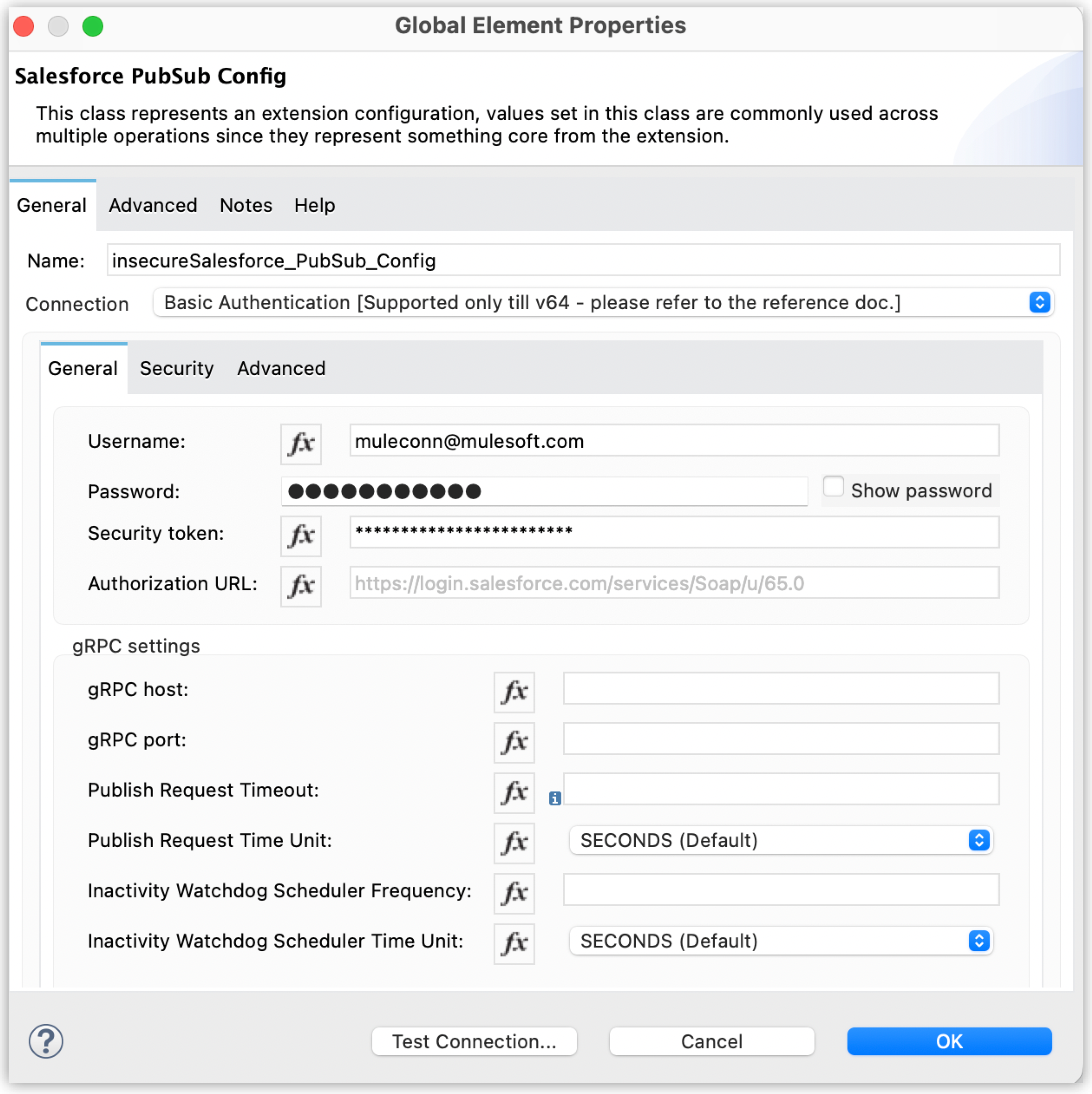 Basic Authentication selected in the Connection section and authentication fields completed in the General tab