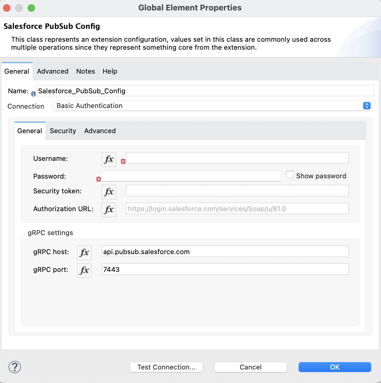 Basic Authentication is selected in the Connection section and authentication fields are completed in the General tab.