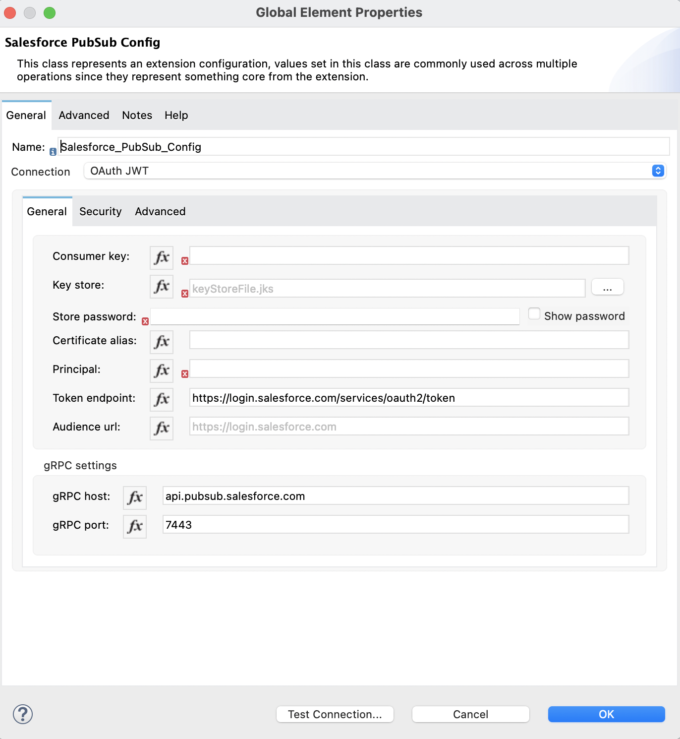 OAuth JWT is selected in the Connection section and authentication fields are completed in the General tab.