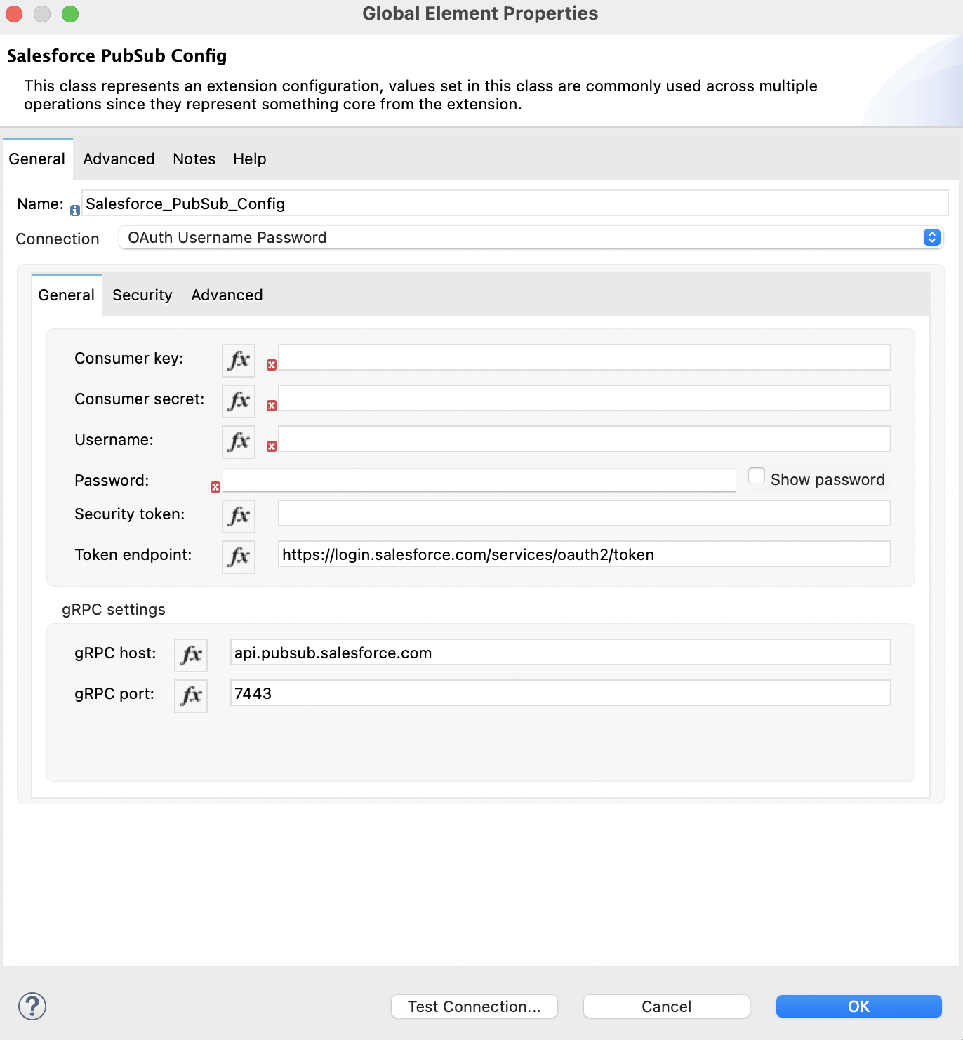 OAuth Username Password is selected in the Connection section and authentication fields completed in the General tab