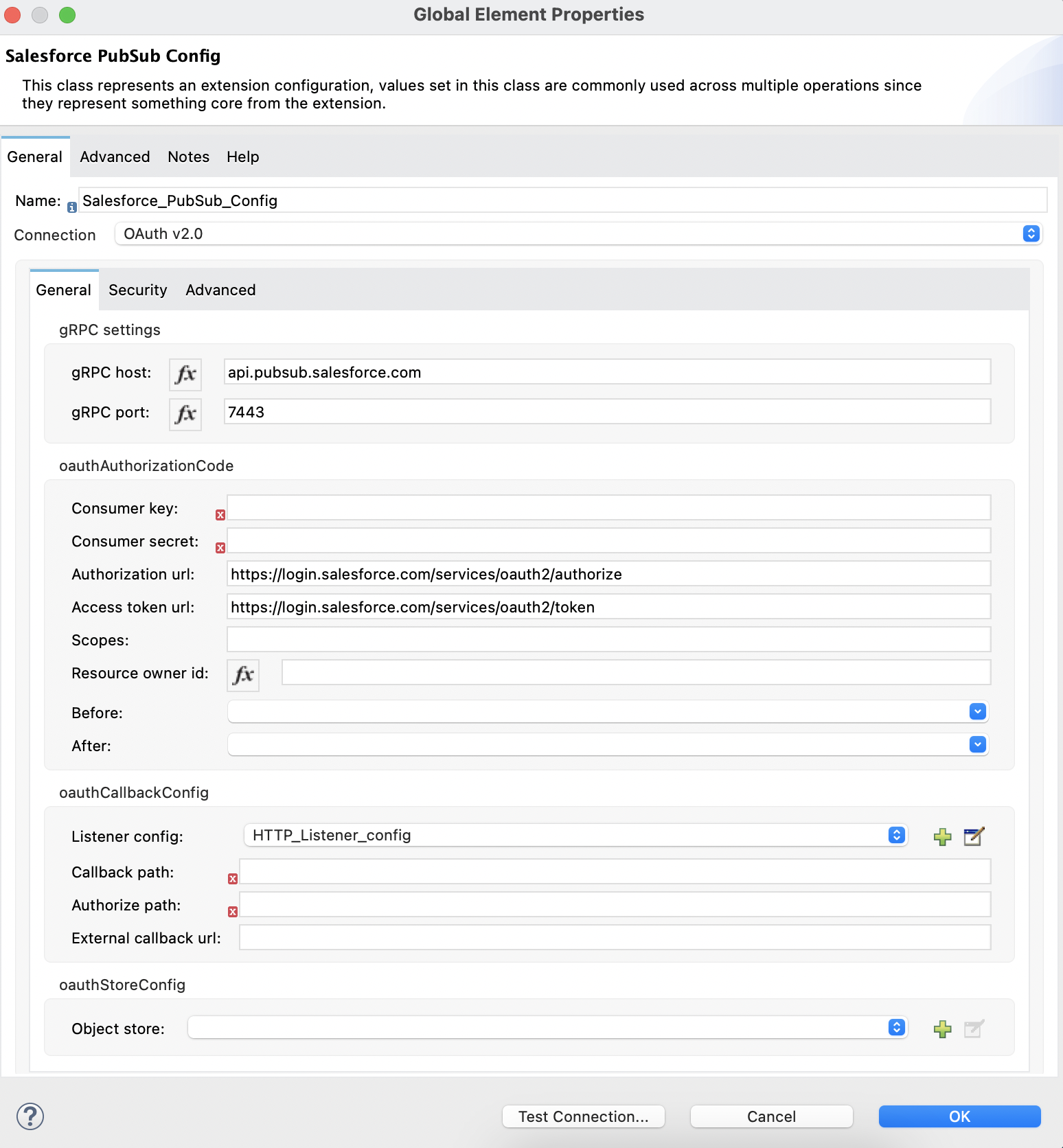 OAuth v2.0 is selected in the Connection section and authentication fields are completed in the General tab.