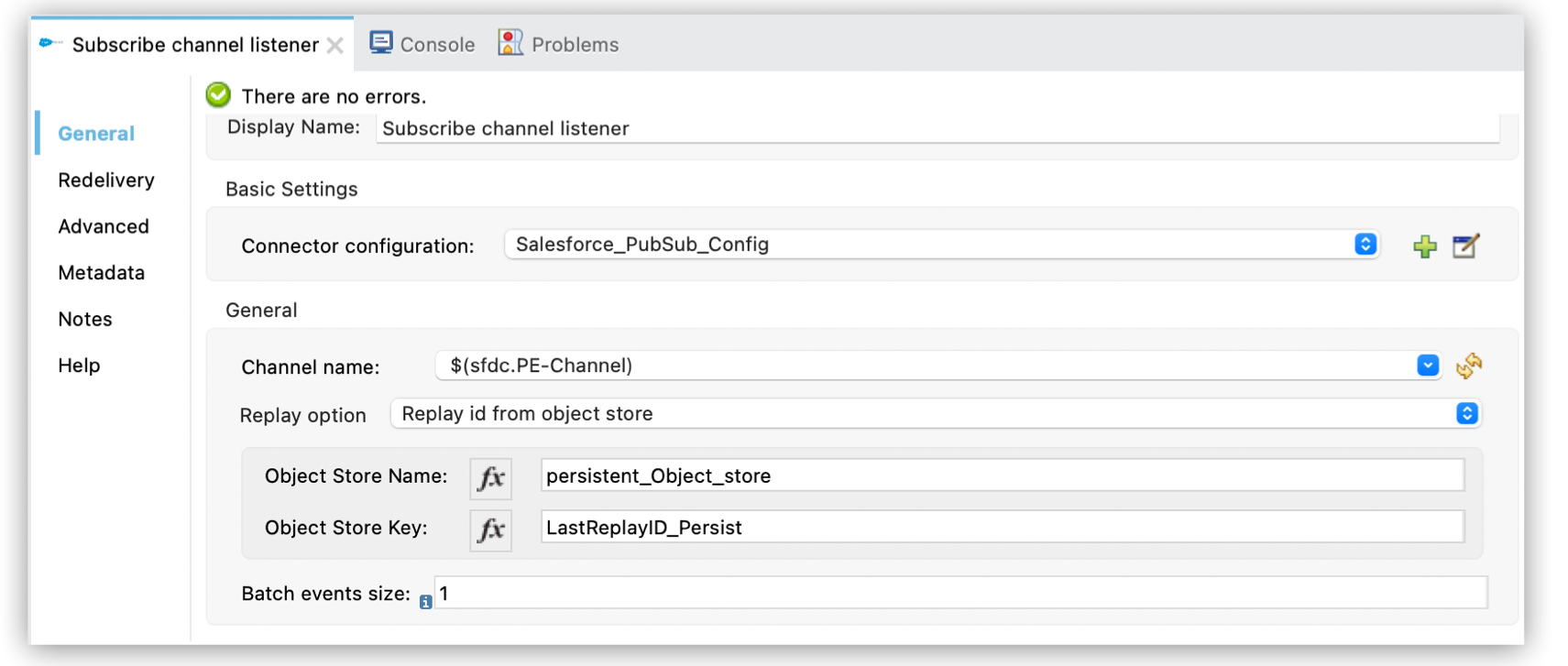 Subscribe channel listener General properties configuration panel