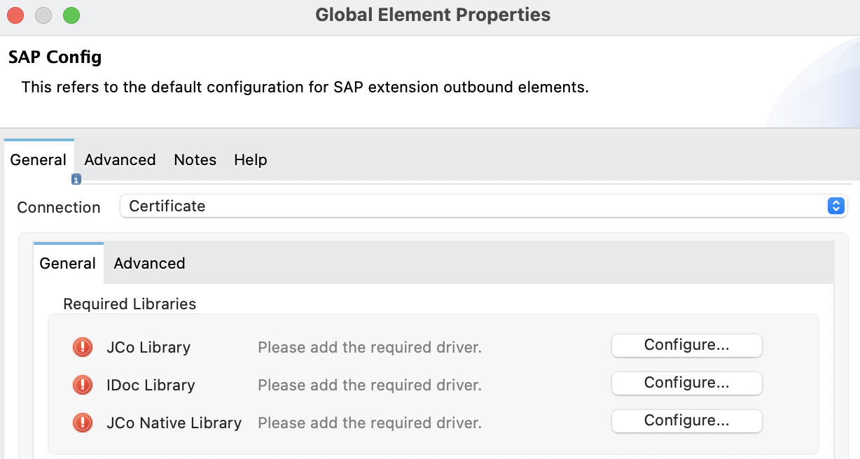 SAP configuration tab with missing libraries