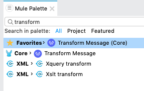 Transform message core component is selected in the Mule Palette view