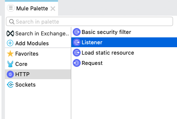 HTTP Listener is selected in the Mule Palette view