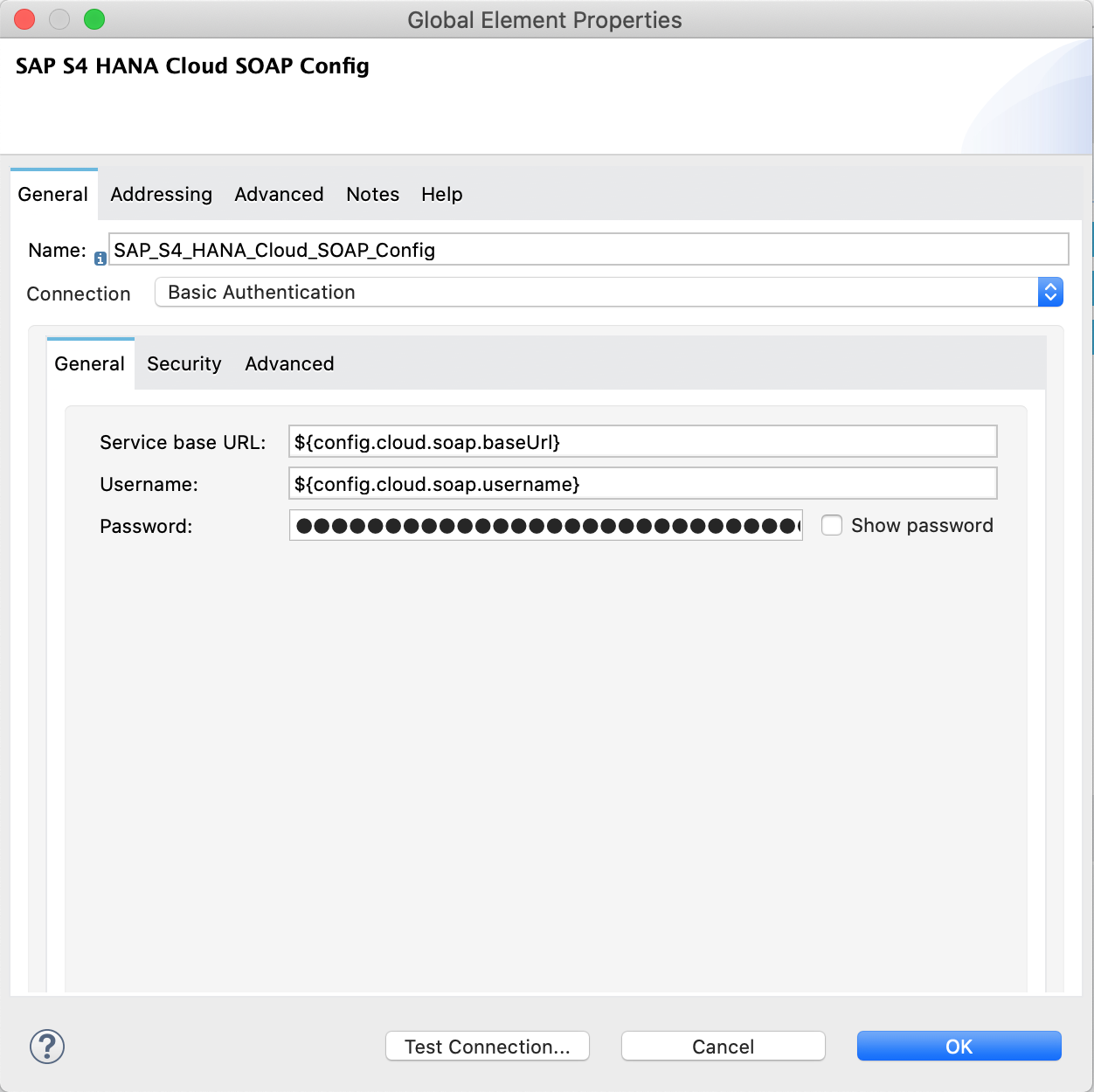 SAP S/4HANA SOAP Configuration window with example values for the Invoke operation