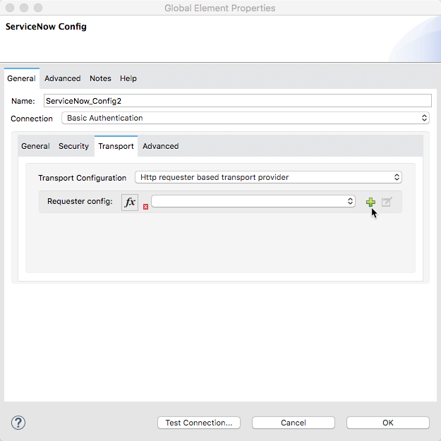 The Transport configuration tab for basic authentication