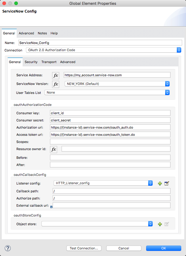 General tab for configuring OAuth 2.0 Authorization Code authentication