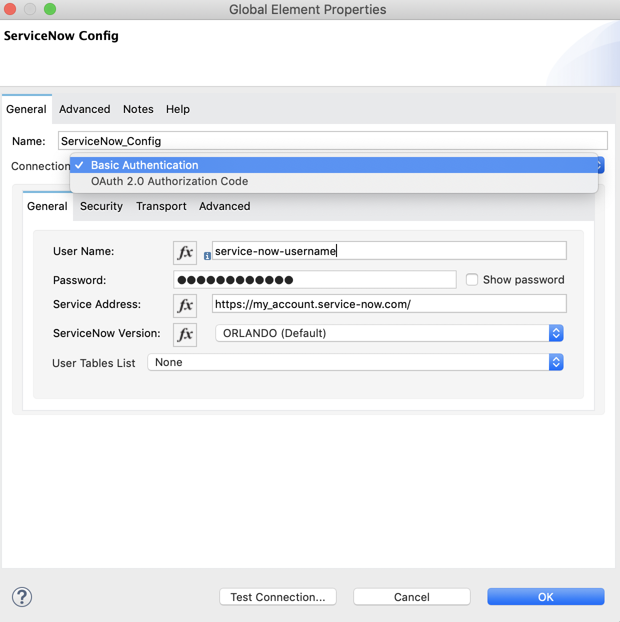 The global element connection settings with basic authentication selected