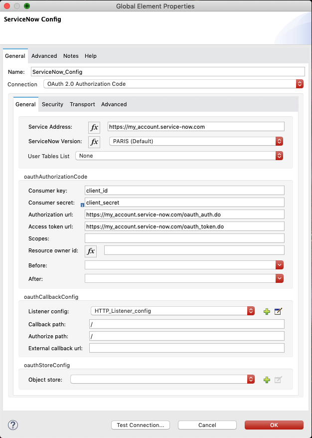 General tab for configuring OAuth 2.0 Authorization Code authentication