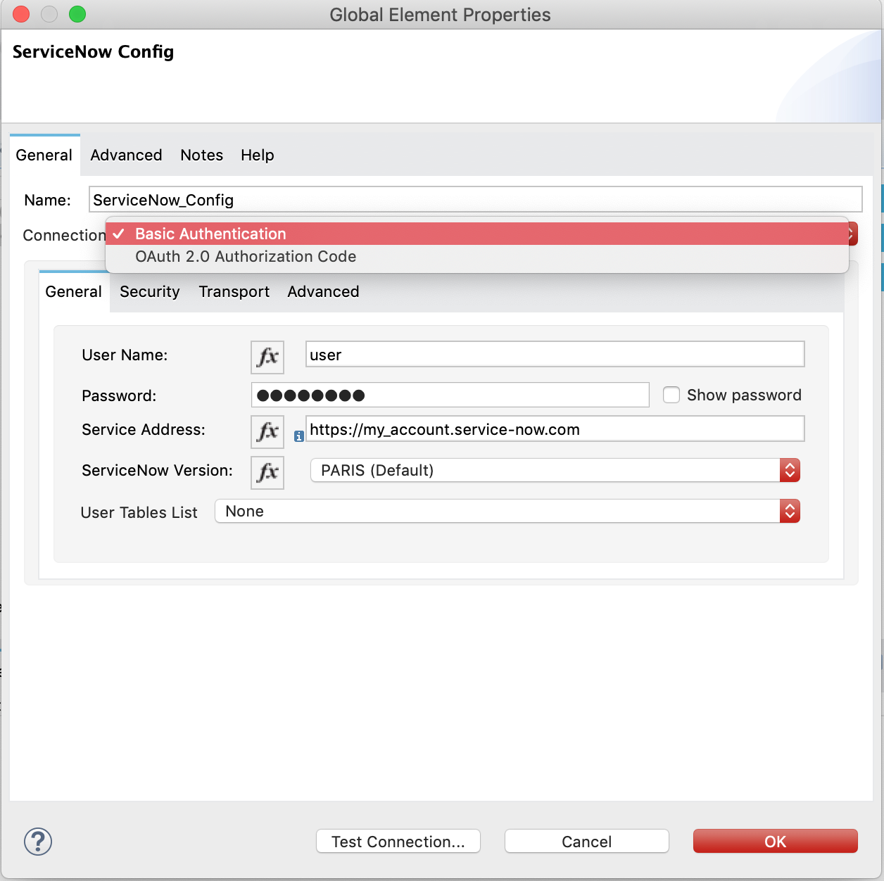 The global element connection settings with basic authentication selected