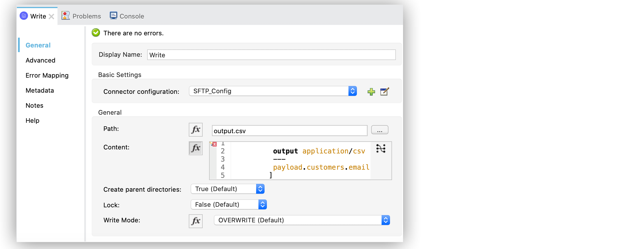 Write operation configuration in Studio with Content parameter