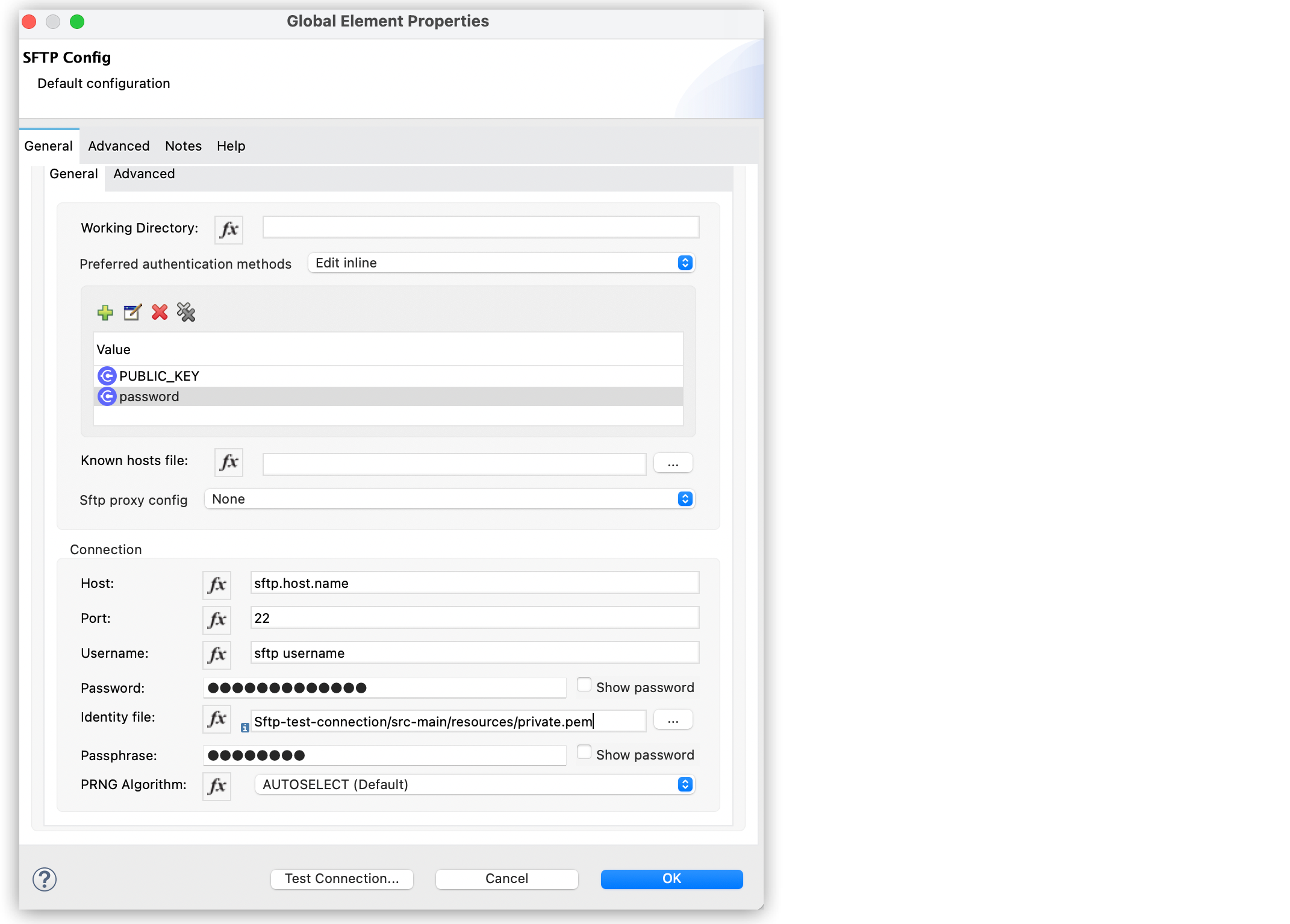 SFTP Connector Global Element Configuration for public key