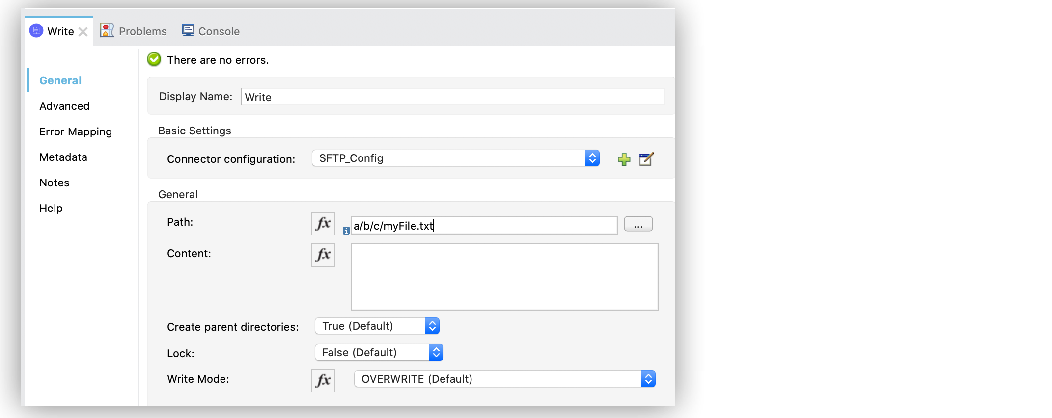 .Write operation configuration with Create parent directories