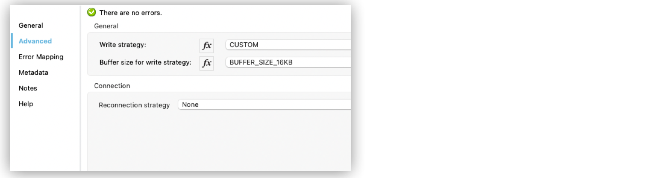 Write operation configuration with write strategy and buffer size for write strategy fields