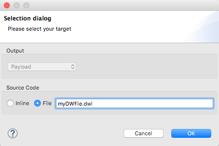 A dialog box prompts the user to select a target, with options to input a file and choose between inline or file source code