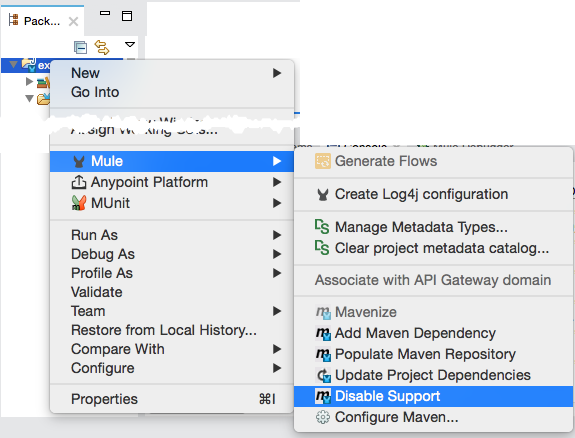 A menu with options for configuring Mule applications