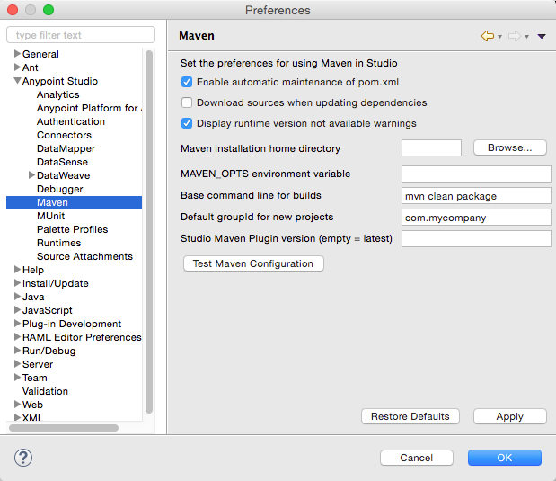 A settings window for Maven configuration in Anypoint Studio