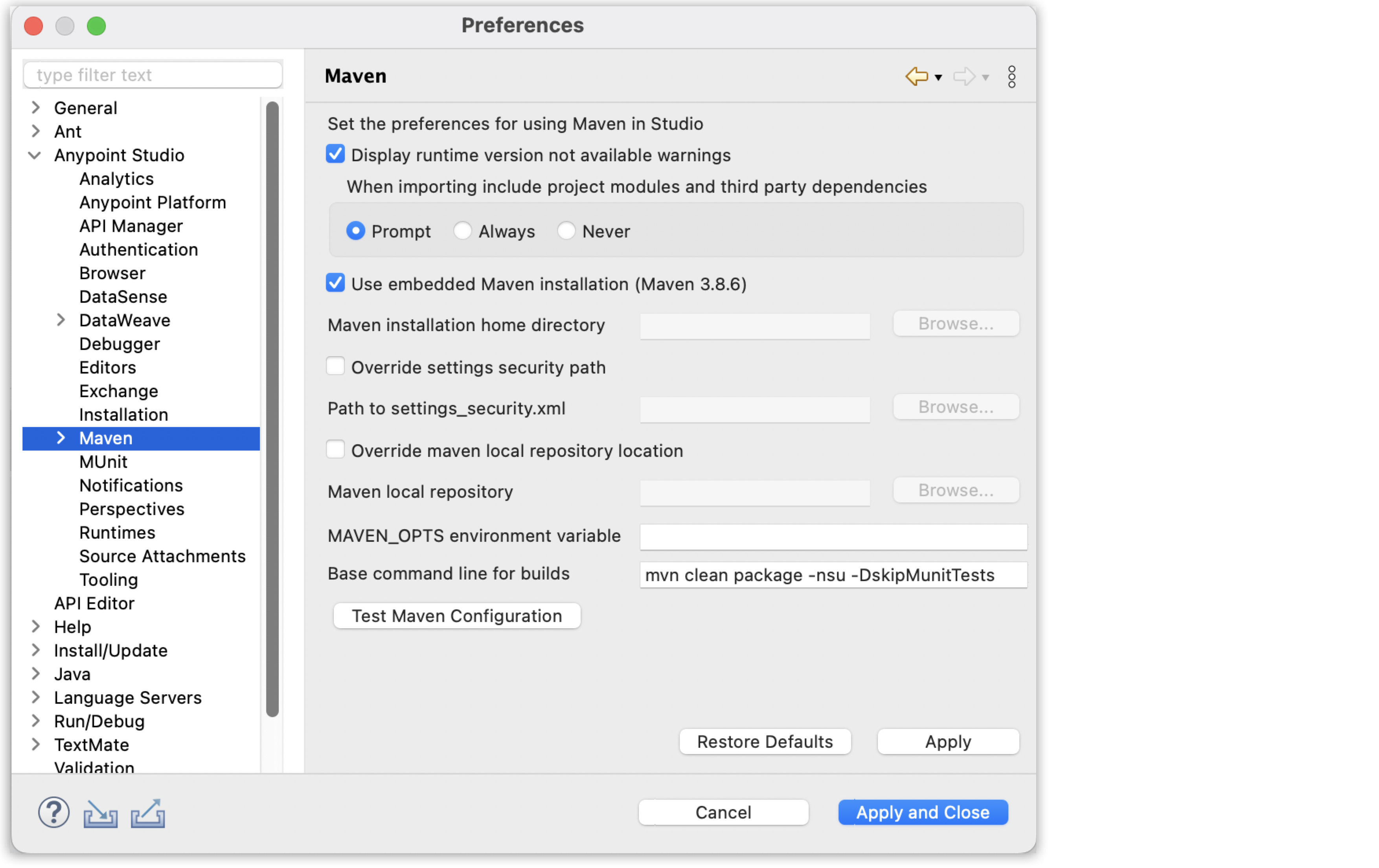 *Maven Preferences Reference* window accessed from the *Settings…* option, from the *Anypoint Studio* menu