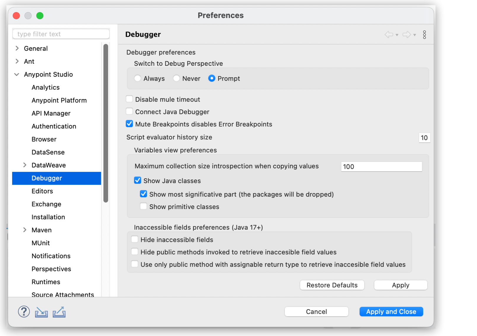 The Mute breakpoints disables Error Breakpoints checkbox highlighted in the Anypoint Studio Preferences menu