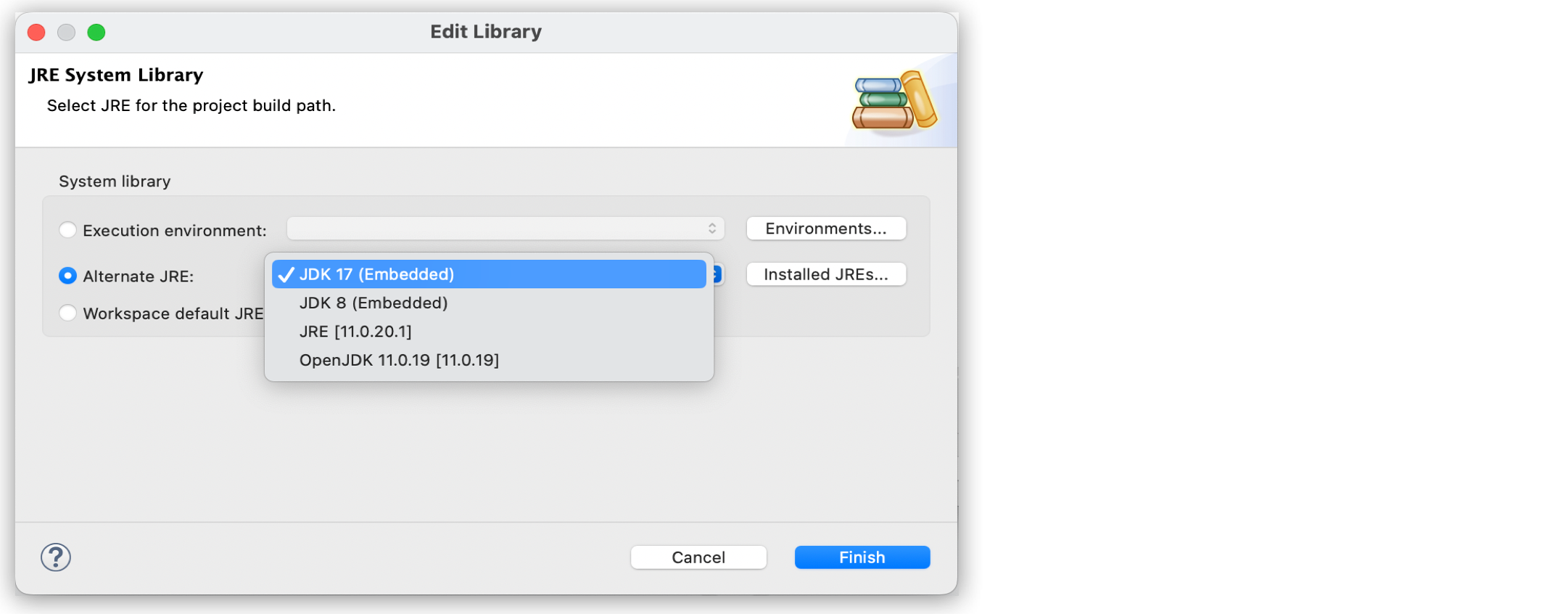Edit Library window displaying the alternate JRE options.