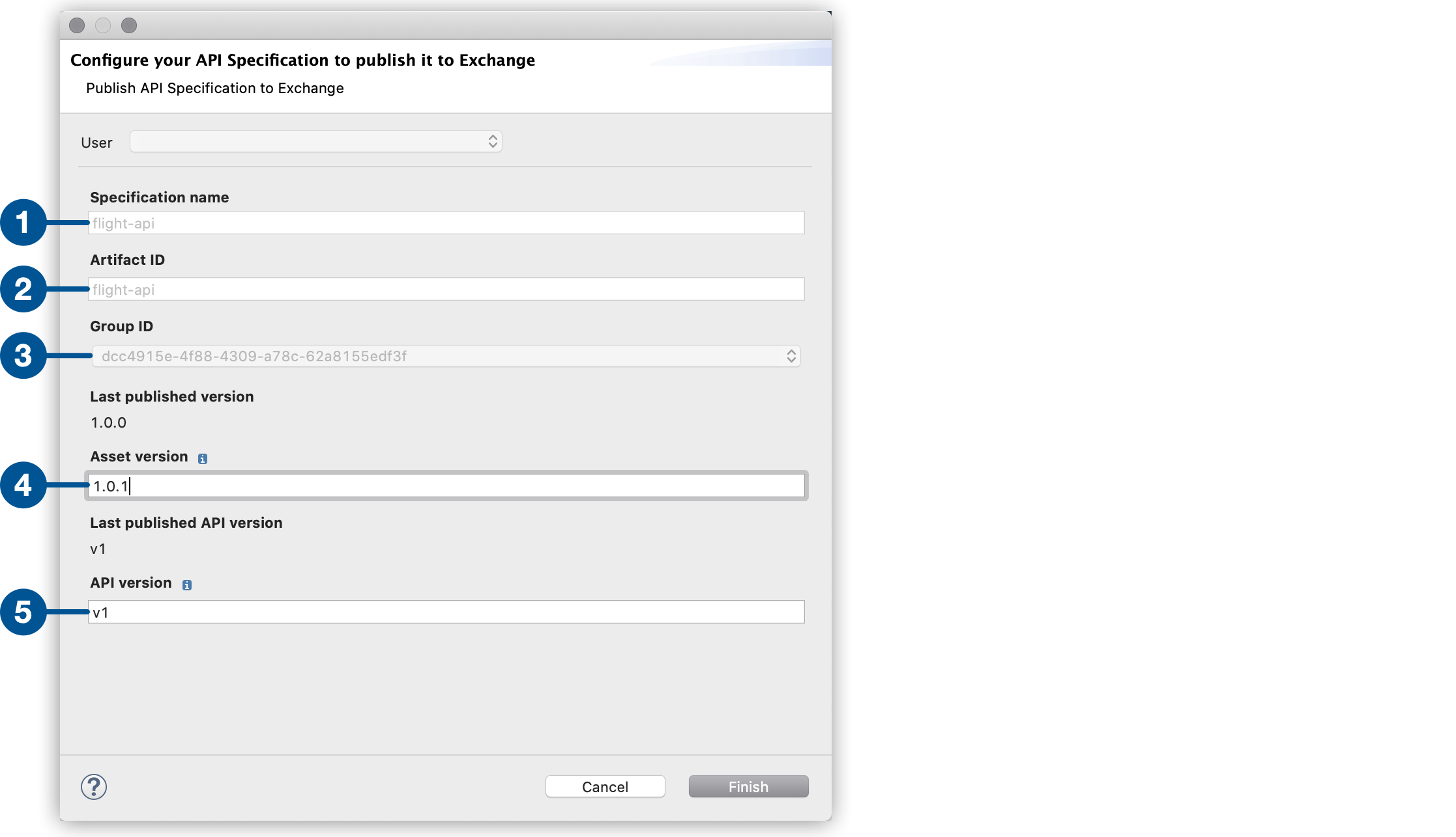 A form for configuring an API specification to publish to an exchange, with fields for user, specification name, artifact ID, group ID, last published version, asset version, last published API version, and API version