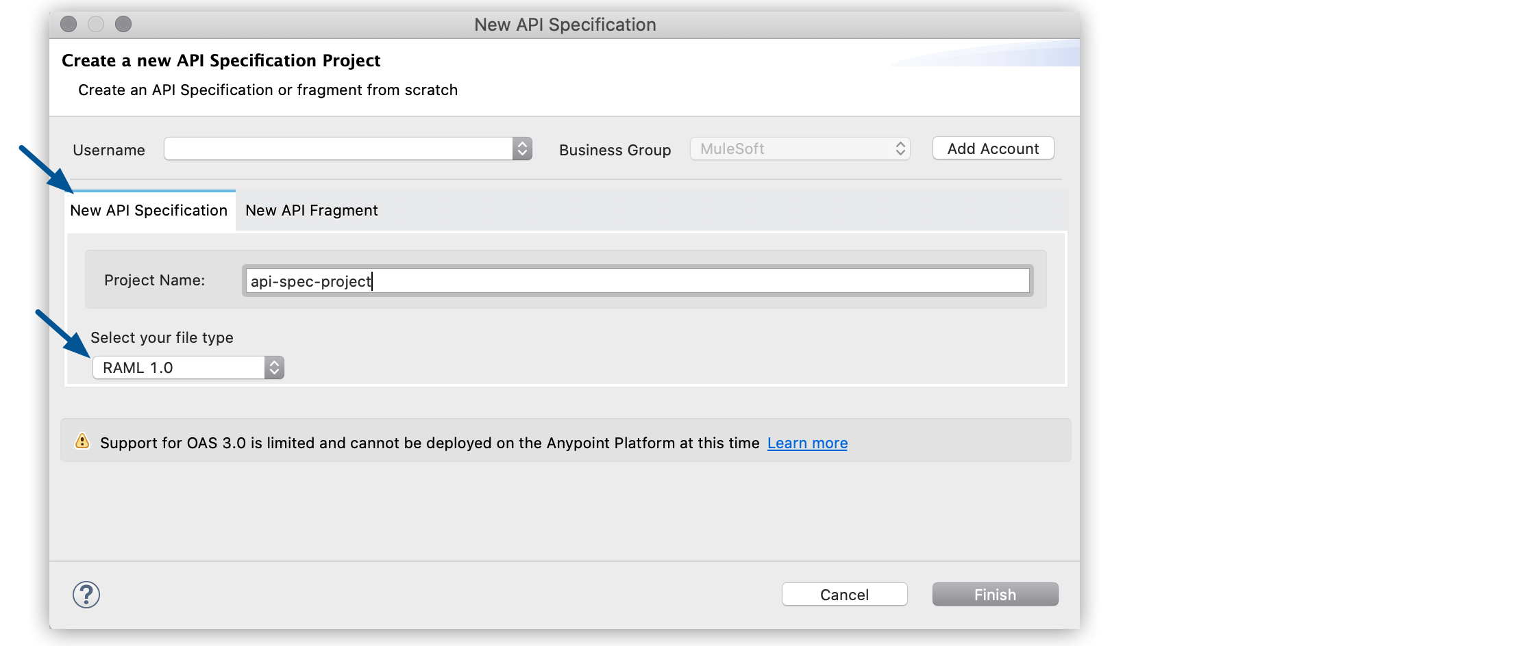 The New API Specification tab and file type drop-down menu highlighted in the New API Specification window.