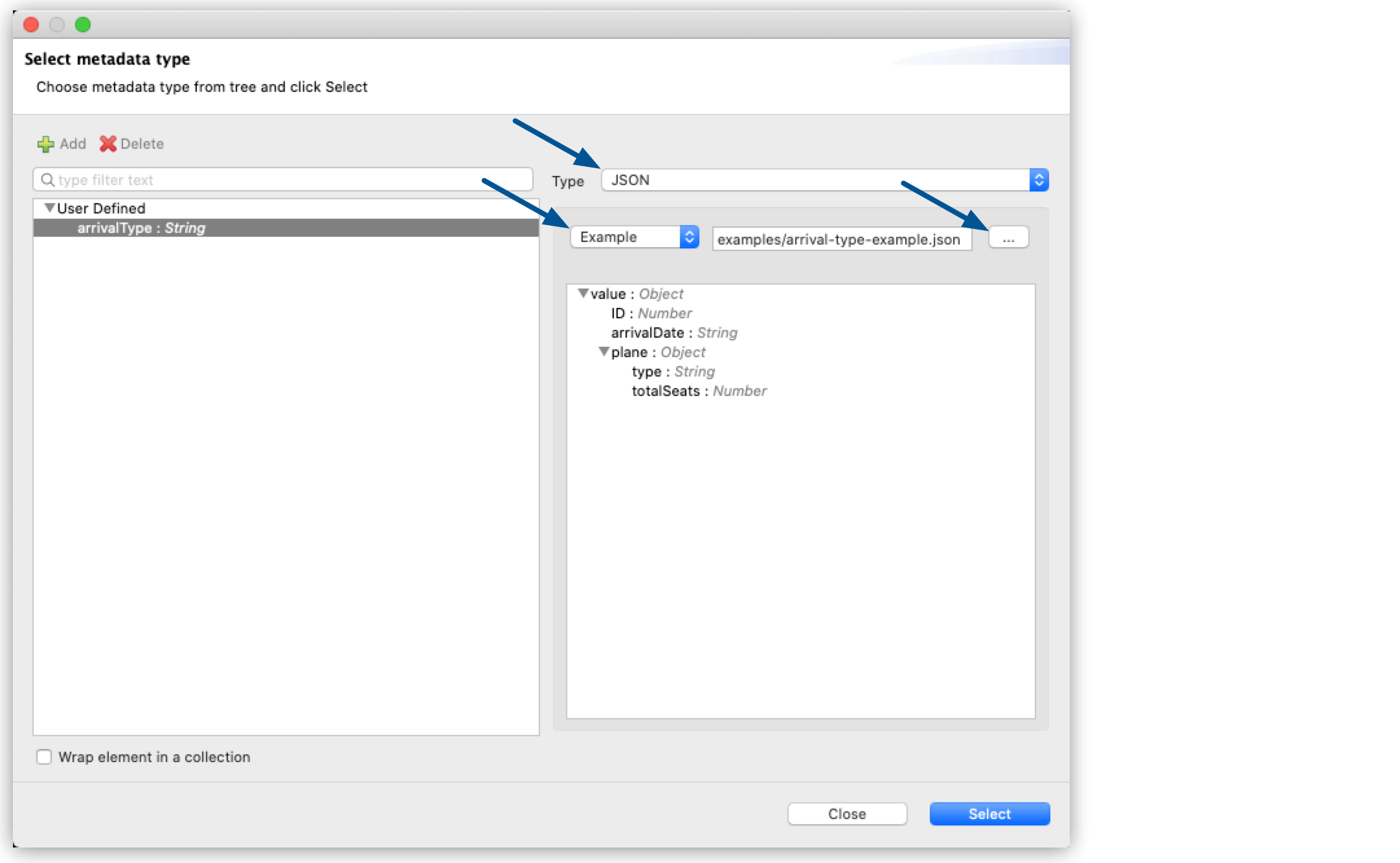 A window with options to select a metadata type, including JSON and a text field for an example