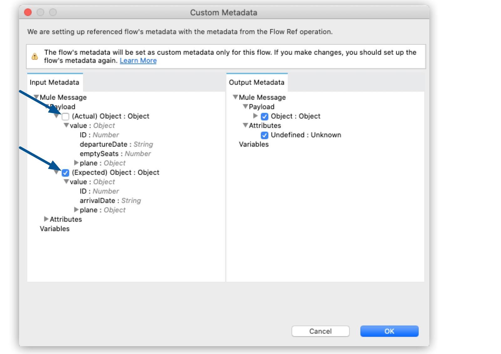 A window that displays input and output metadata, with checkboxes for expected object values