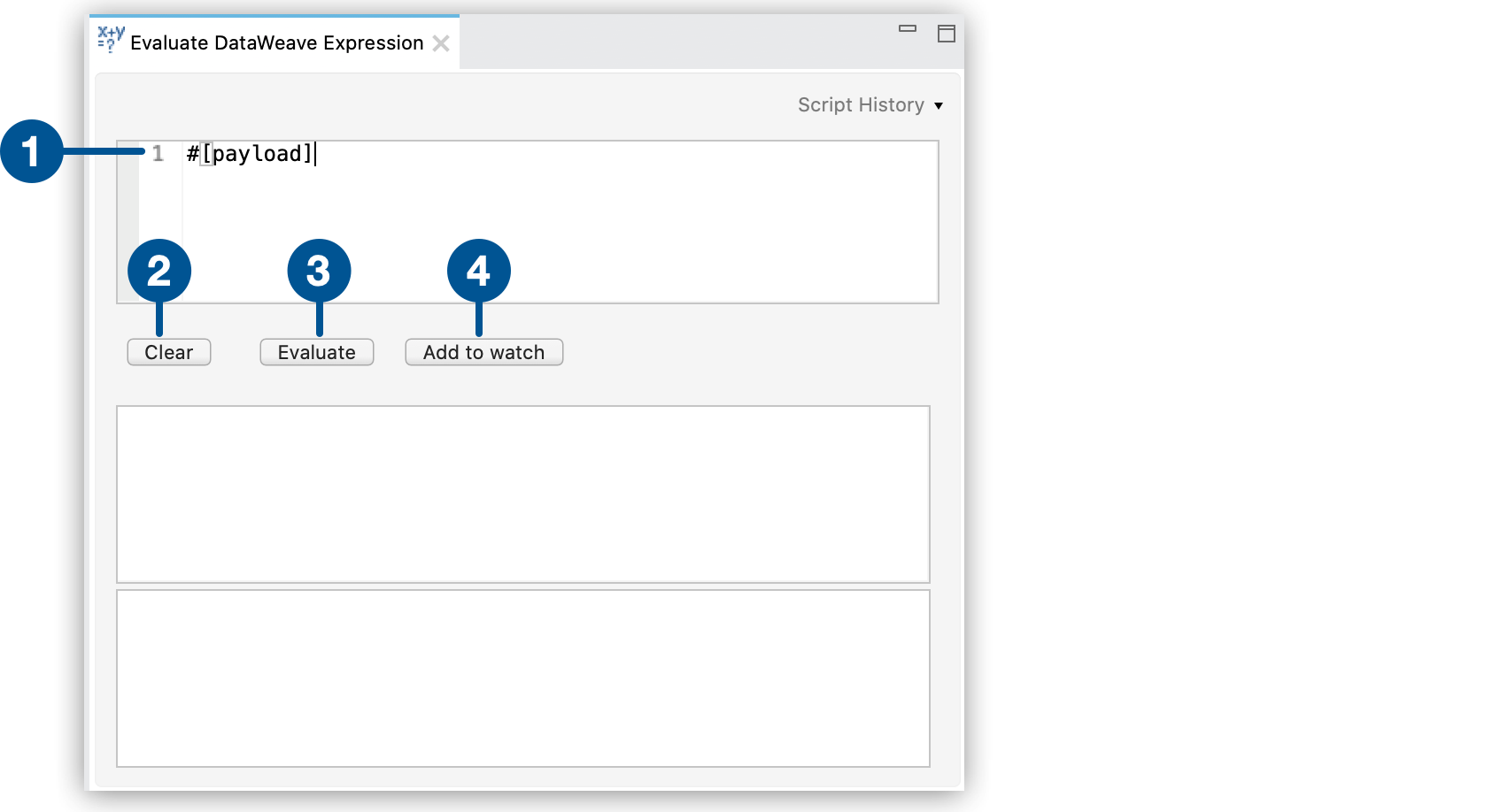 A window with numbered steps that guide you through evaluating a DataWeave expression, clearing an expression, and adding expressions to watch