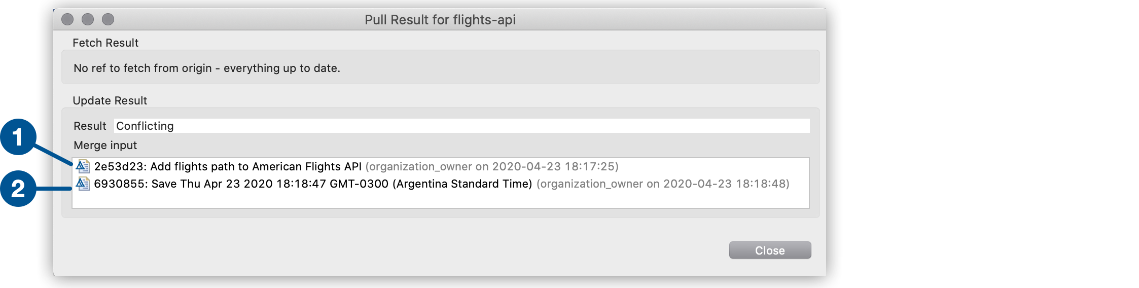 A window displaying the outcomes of a fetch and update of flights-api data, with a conflicting result and two merge input choices