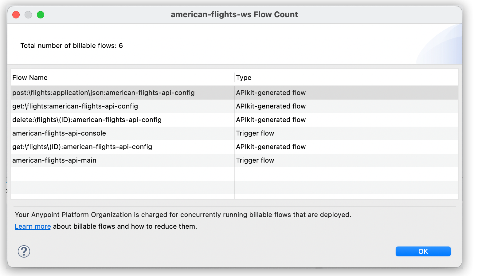 A table showing the billable flow names and type