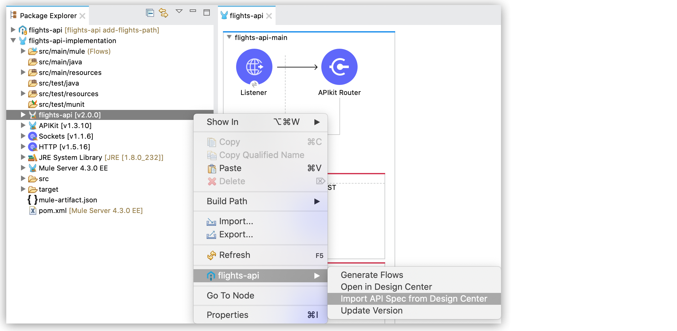 A menu with options, pointing to the Import API Spec from Design Center option