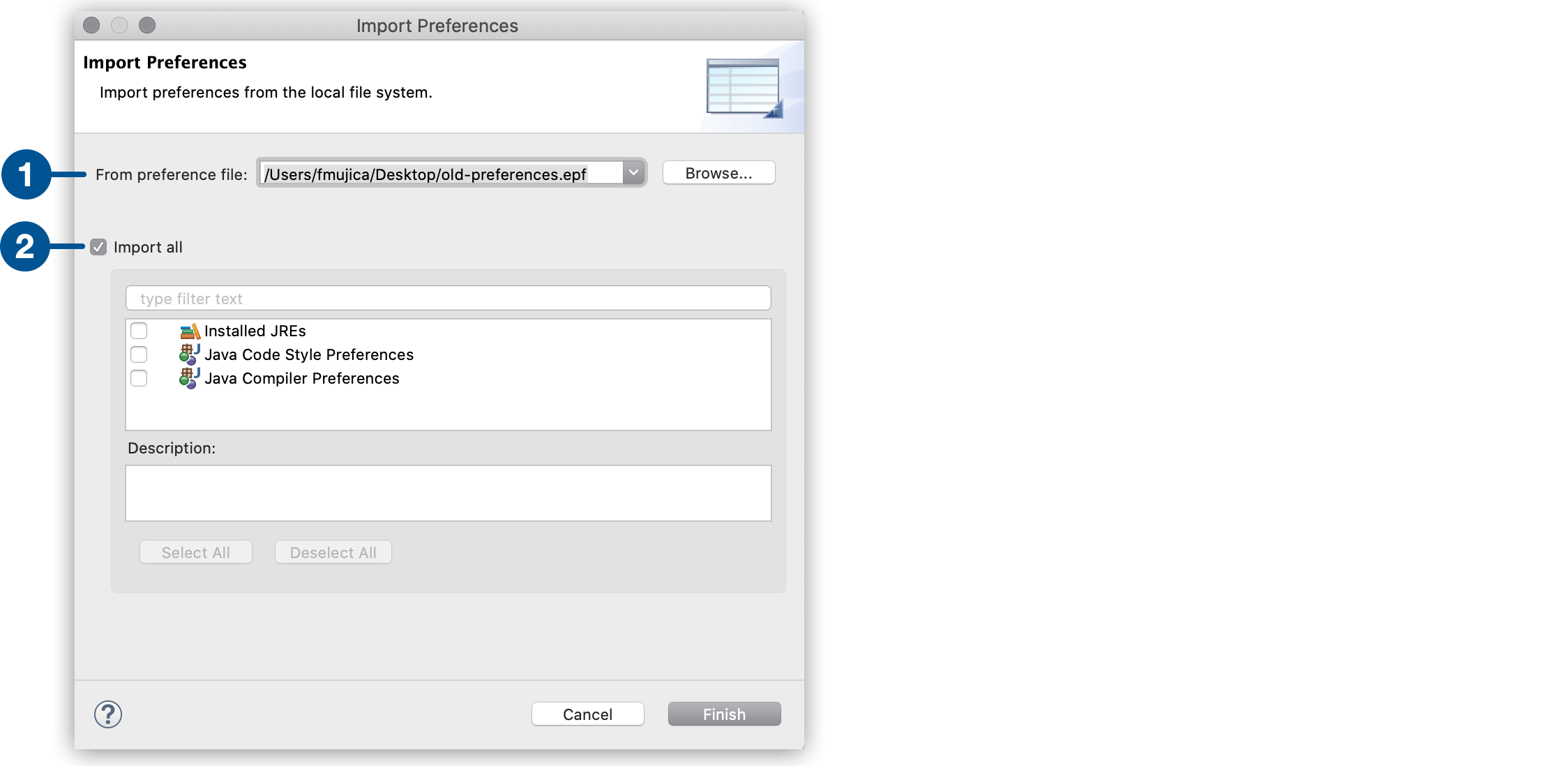 A window with options to import preferences from a local file, filter by type, and view a description