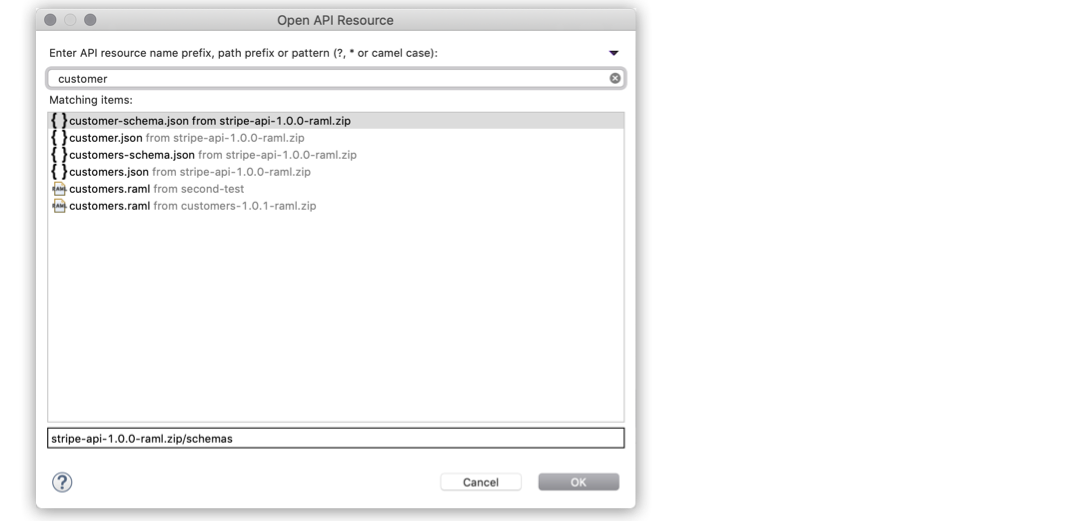 API resource search field highlighted in the Open API Resource window