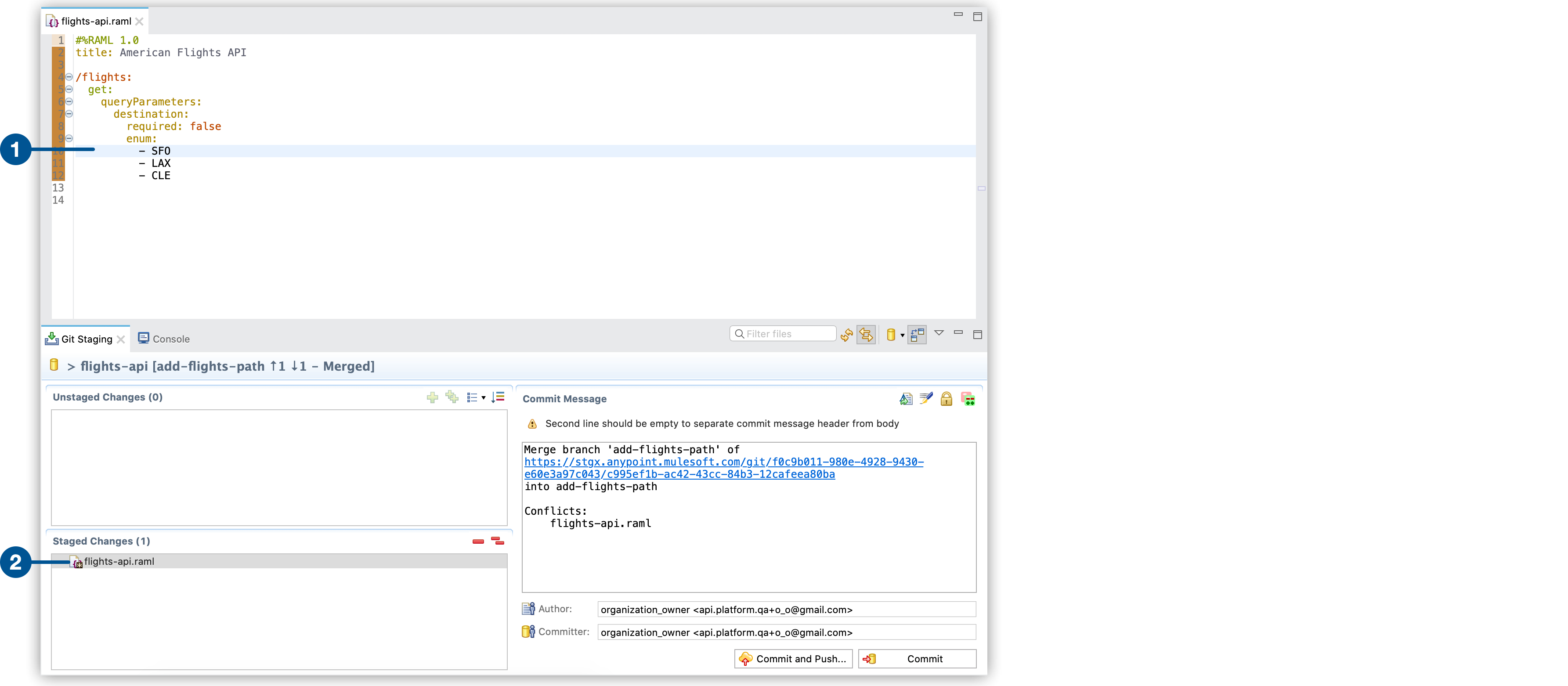 A code editor displaying a commit message and a conflict list