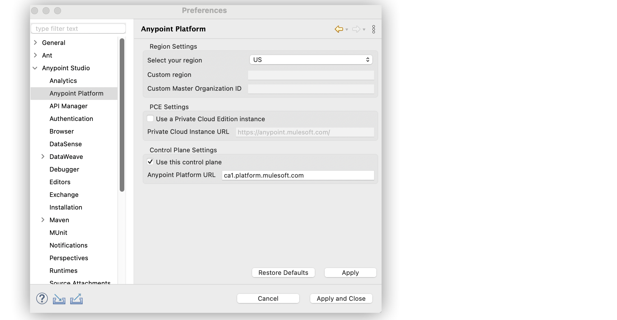 Canada Cloud platform URL in control plane URL field