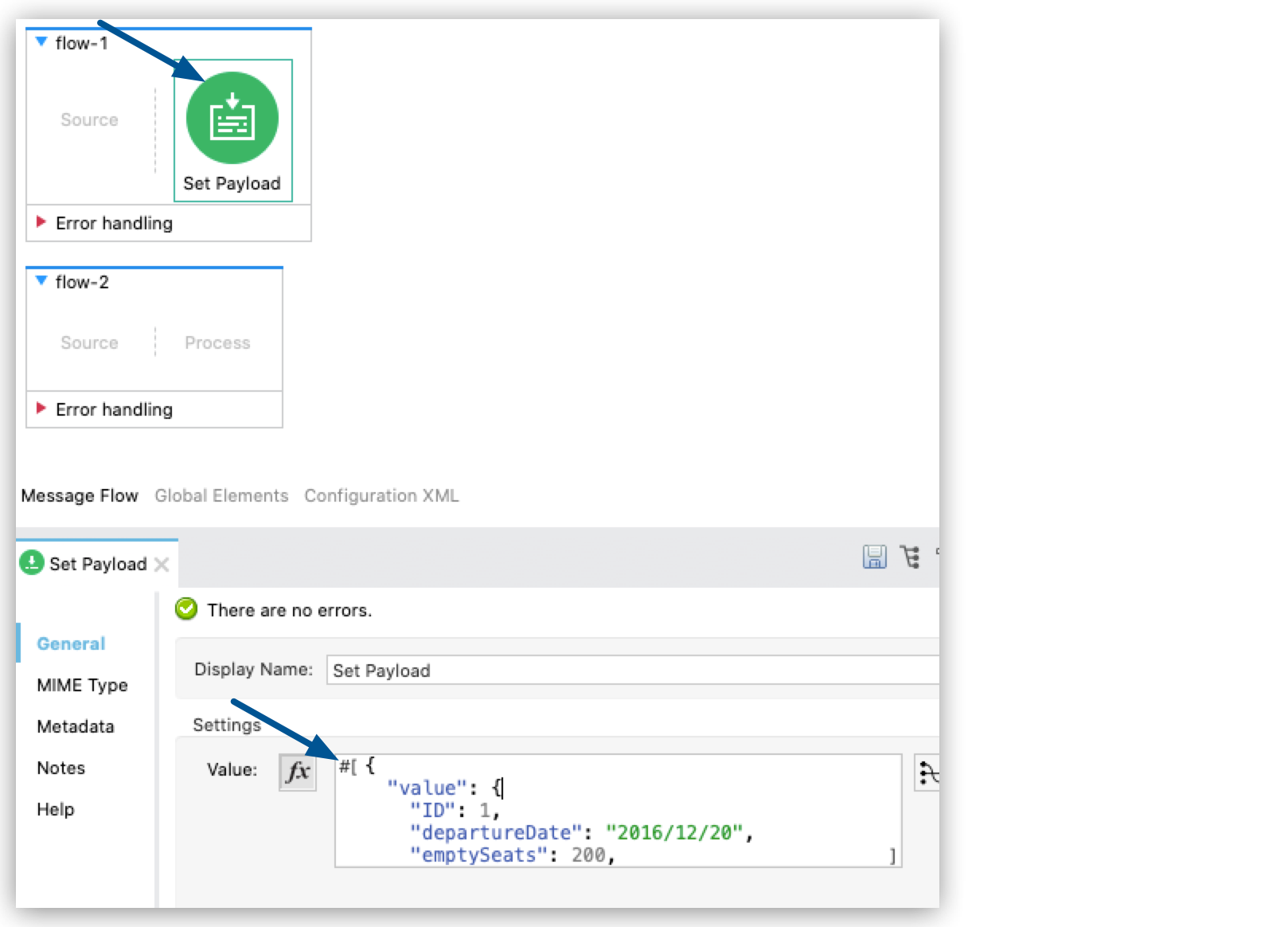 A configuration window with a code block displaying JSON data