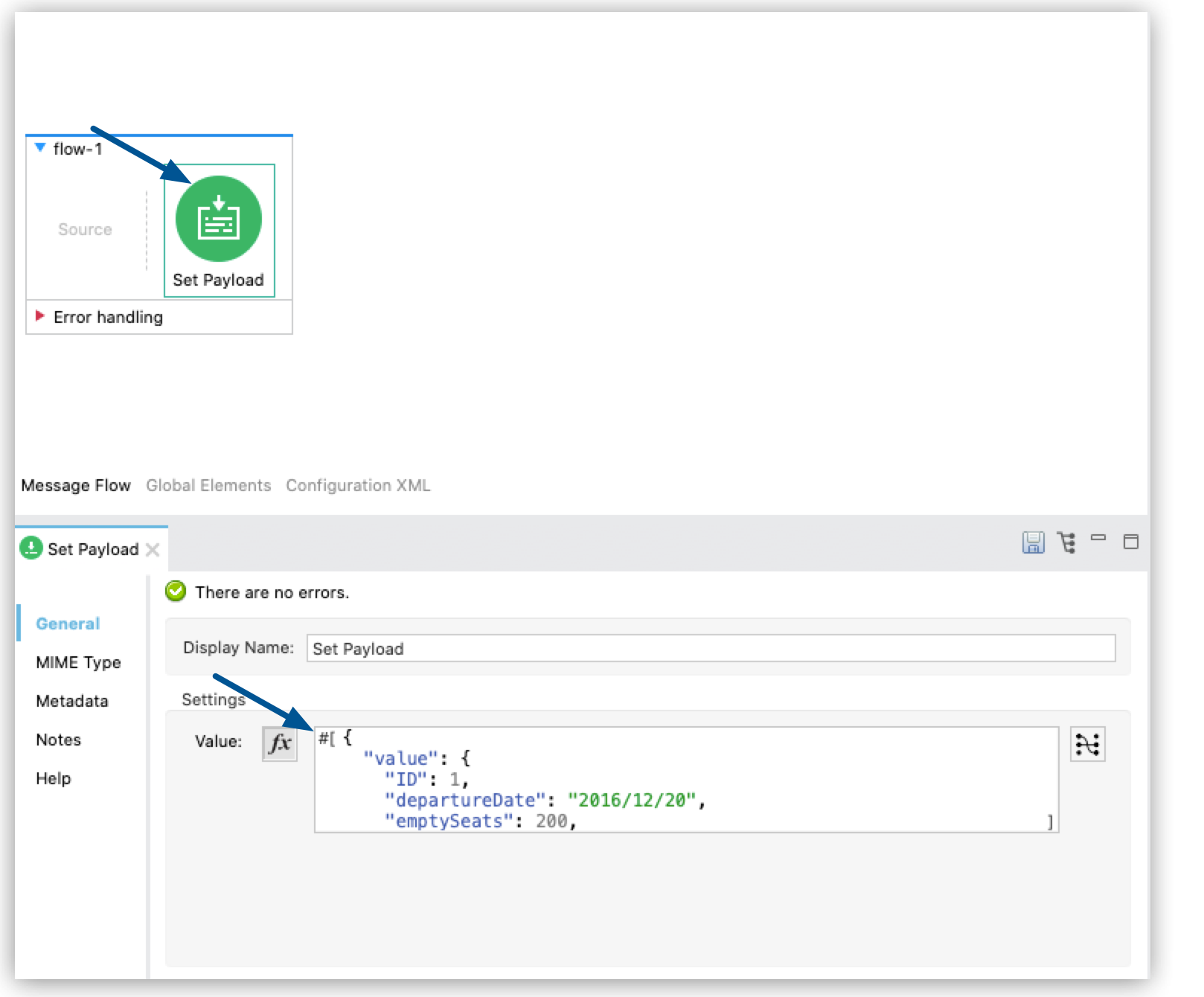 A form with fields for MIME type, metadata, notes, and help, including a text box labeled Value with code inside