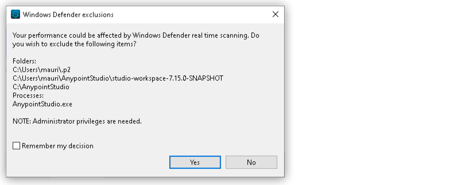 “A Windows Defender real-time protection popup asks whether to exclude Studio folders and processes.”
