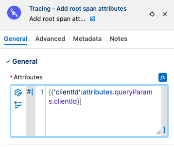 The Add Root Span Attributes General tab with the Attributes field set