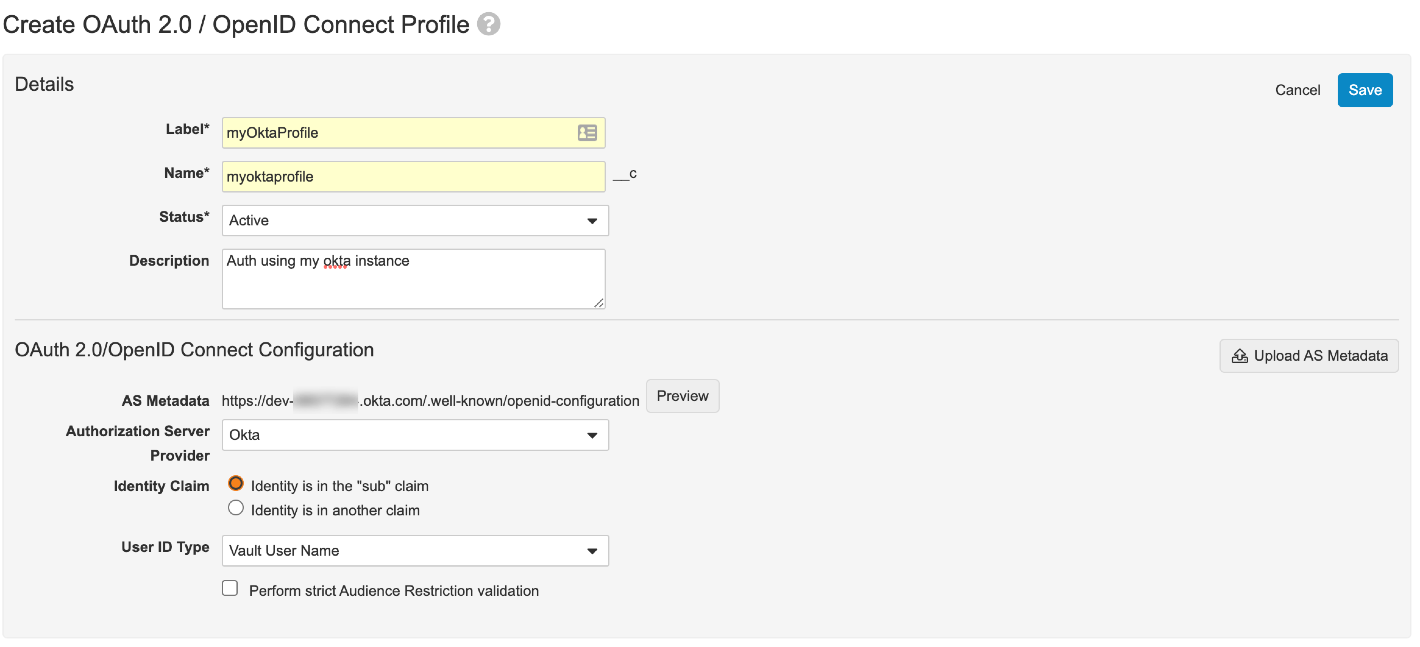 OAuth 2.0 / OpenID Connect Profile configuration window with completed fields from the steps above