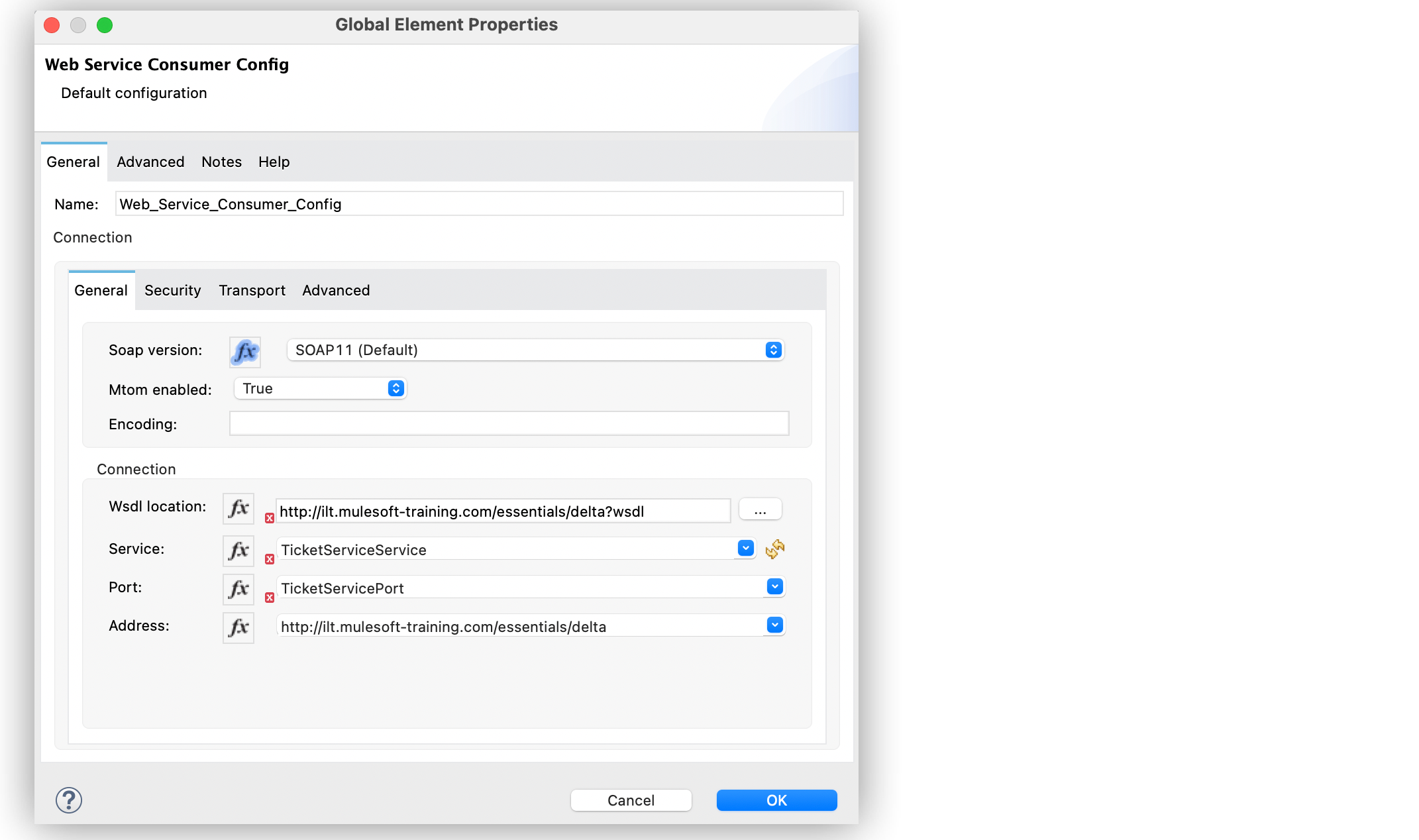 Web Service Consumer global element configuration with MTOM field set to TRUE