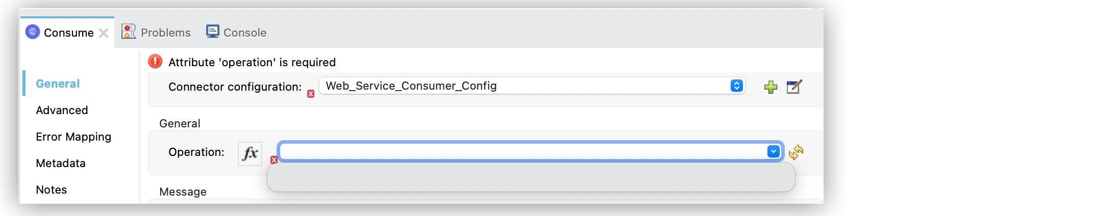 Web Service Consumer Connector Operations field shows empty