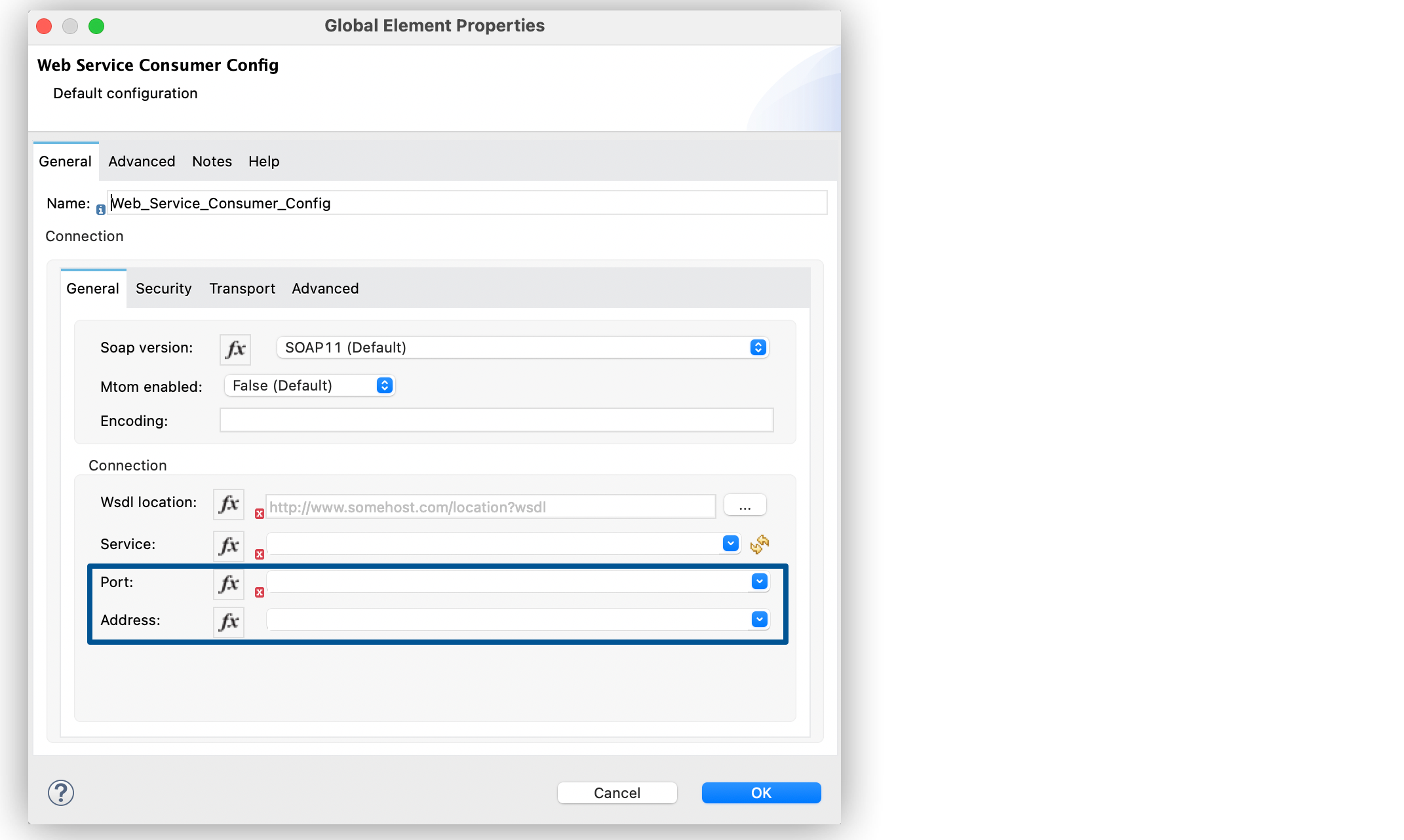 In the Web Service Consumer Connector global element window