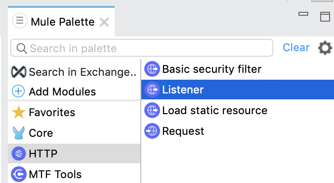 Listener component selected in Mule palette