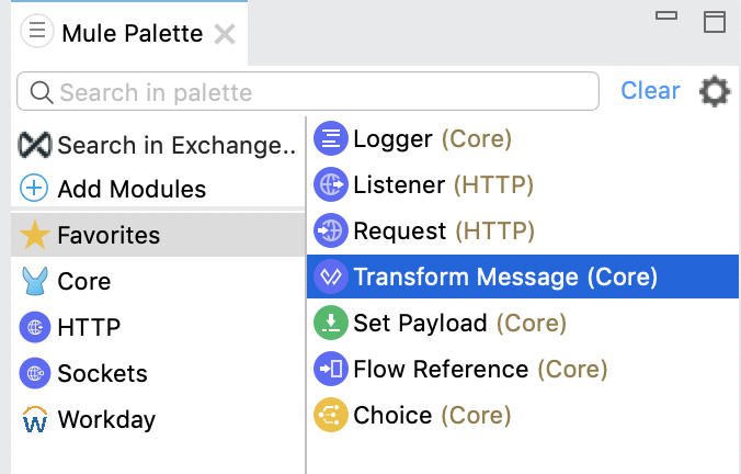 Transform Message component selected in Mule palette