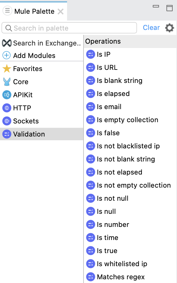 View of Mule Palette with the Validation module selected